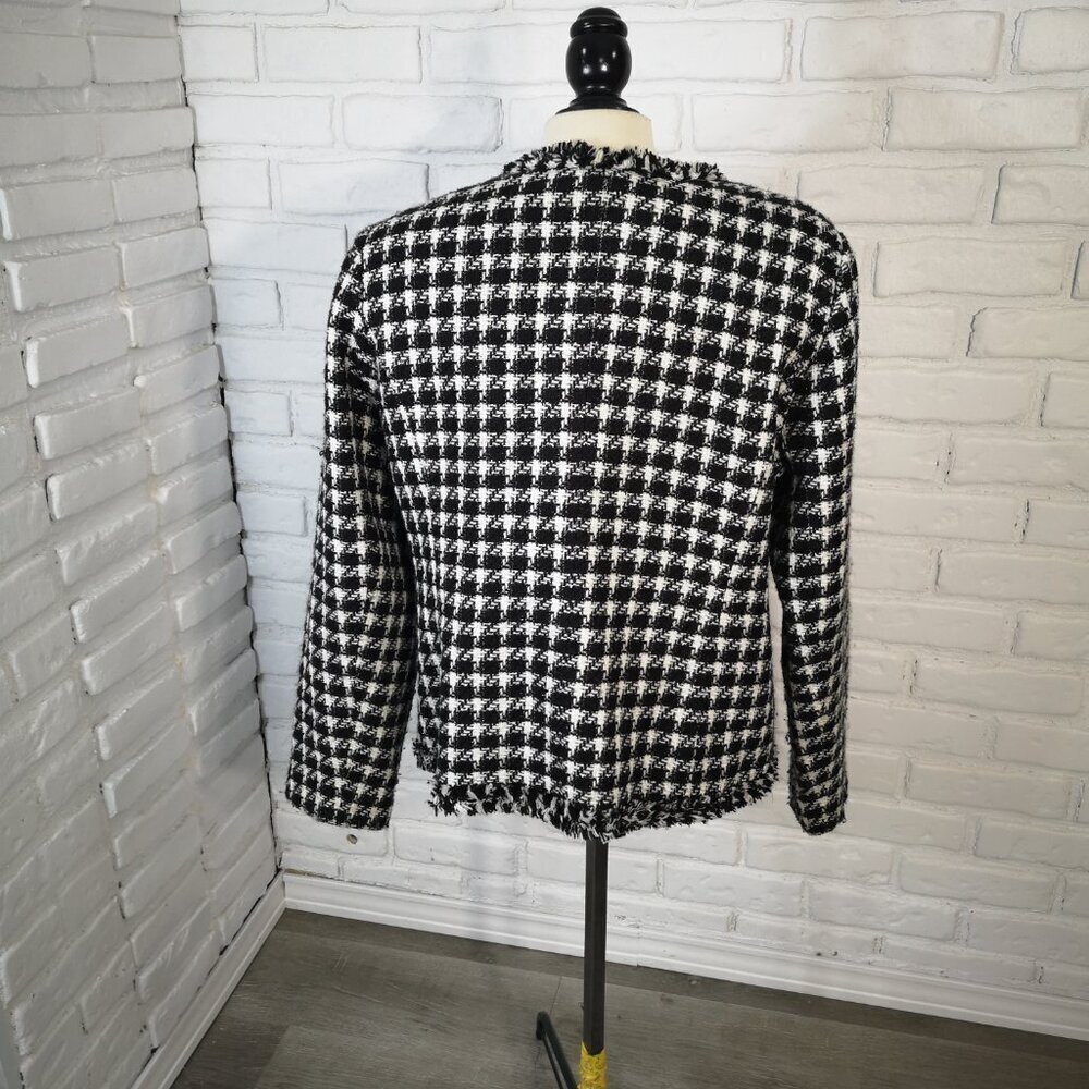 Denver Hayes Ladies Size XL Black & White Checkered Lined Fringed Blazer - Picture 2 of 10